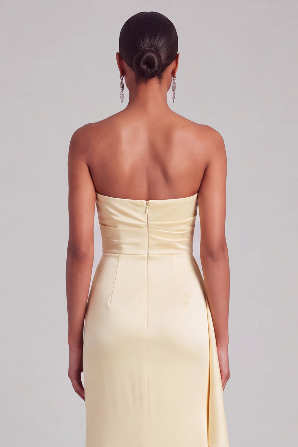 Light Yellow Satin Sheath Ruffled Strapless Ruched Maxi Formal Dress with Slit