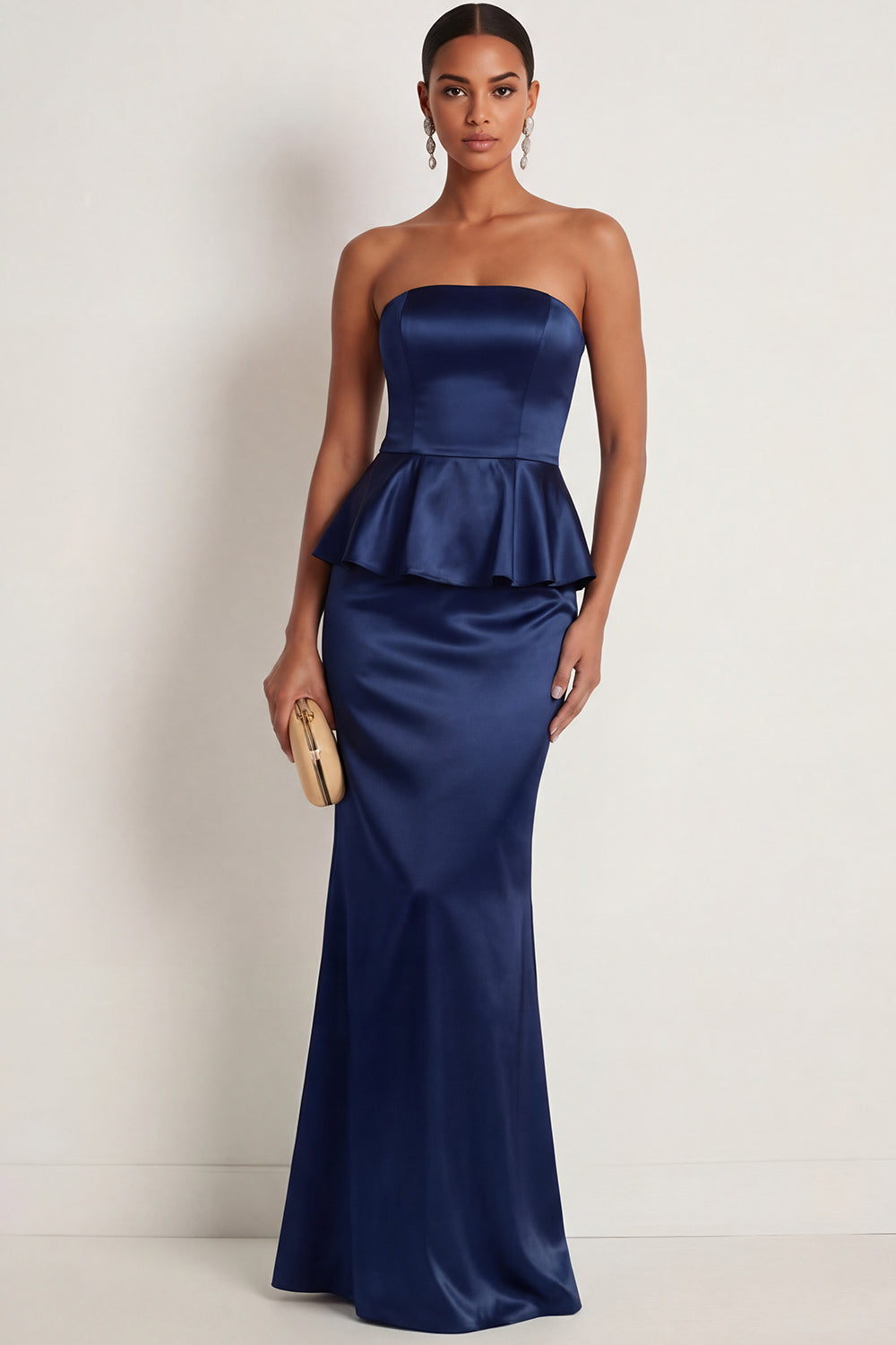 Leely Women Navy Satin Mermaid Ruffled Long Formal Dress Backless Strapless Sleeveless Wedding Guest Dress