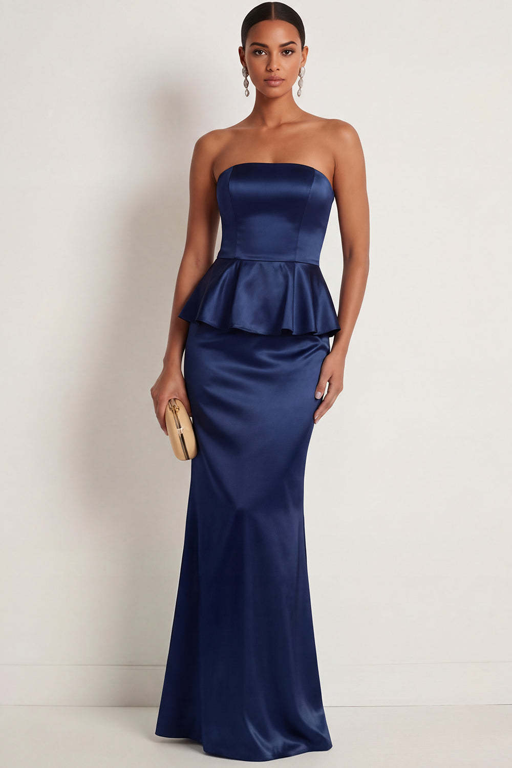 Leely Women Navy Satin Mermaid Ruffled Long Formal Dress Backless Strapless Sleeveless Wedding Guest Dress