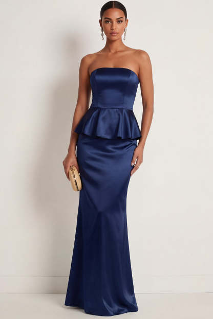 Leely Women Navy Satin Mermaid Ruffled Long Formal Dress Backless Strapless Sleeveless Wedding Guest Dress