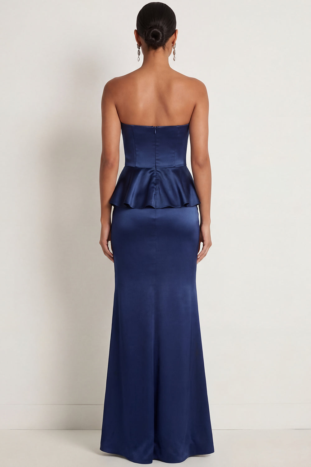 Navy Satin Mermaid Ruffled Strapless Long Formal Dress