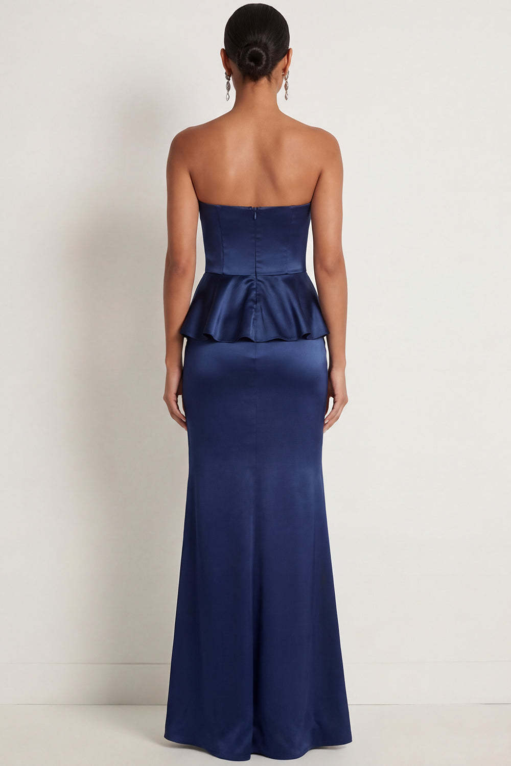 Navy Satin Mermaid Ruffled Strapless Long Formal Dress