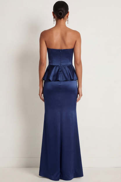Navy Satin Mermaid Ruffled Strapless Long Formal Dress