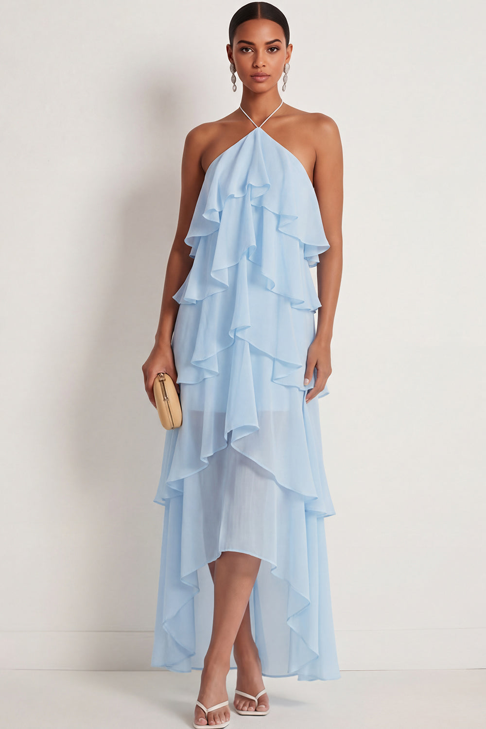 A Line Blue Ruffled Halter Neck Backless Long Formal Dress