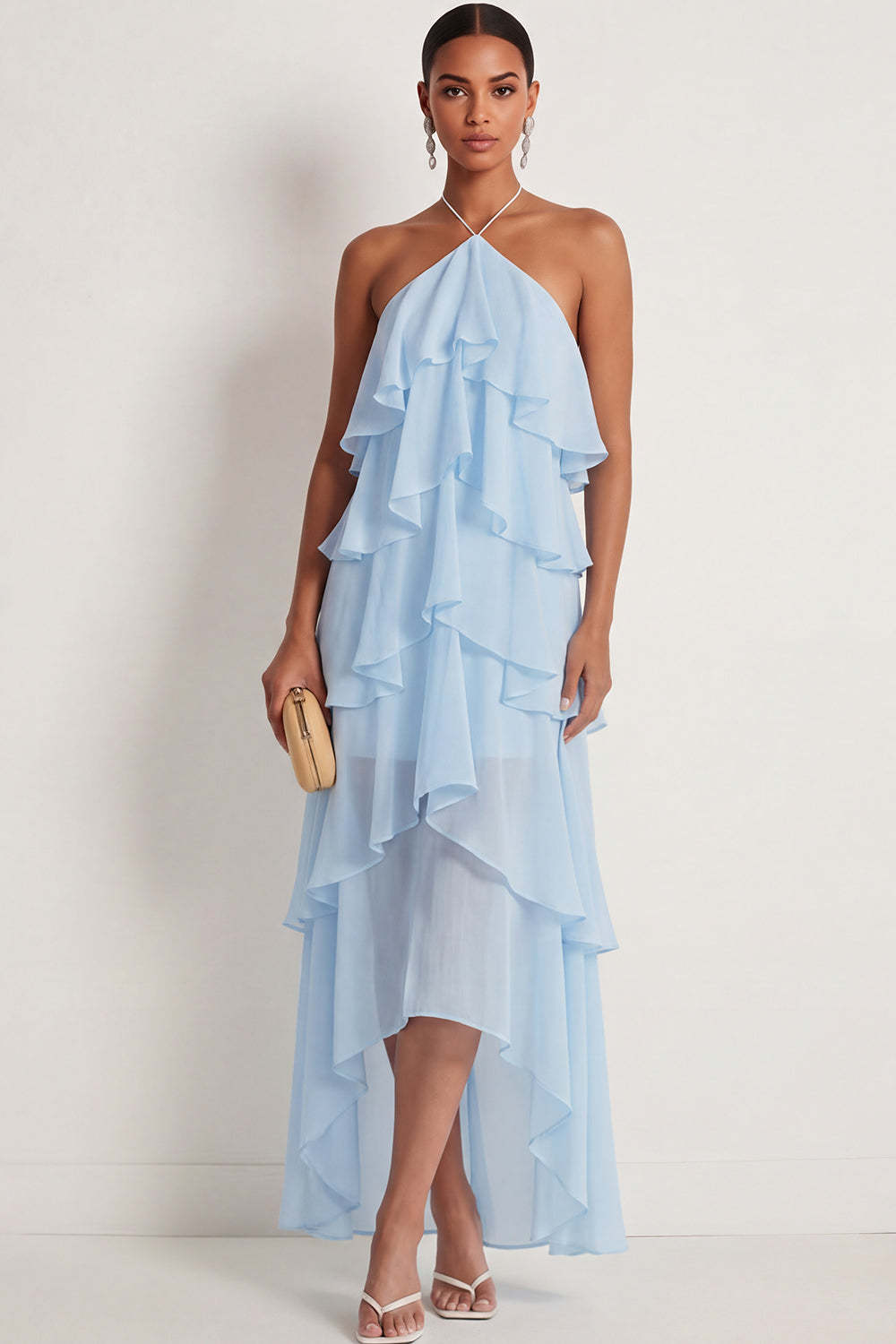 Leely Women Navy A Line Ruffled Halter Neck Long Formal Dress High Low Backless Sleeveless Wedding Guest Dress