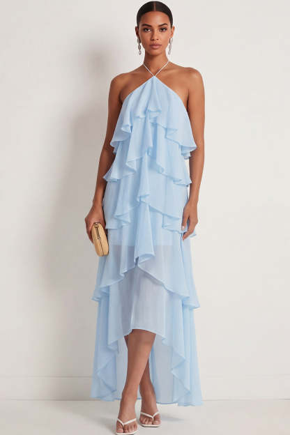 Leely Women Navy A Line Ruffled Halter Neck Long Formal Dress High Low Backless Sleeveless Wedding Guest Dress