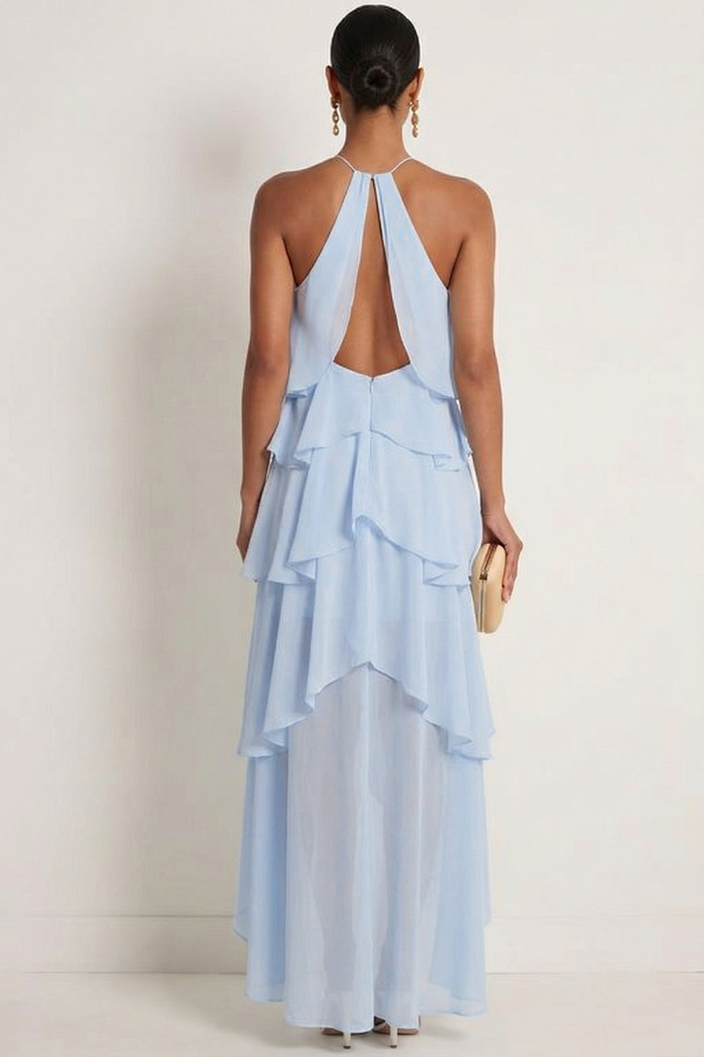 A Line Blue Ruffled Halter Neck Backless Long Formal Dress