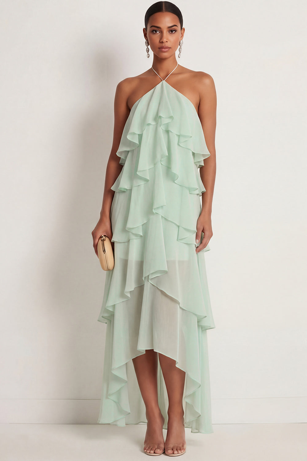 A Line Green Ruffled Halter Neck Long Formal Dress
