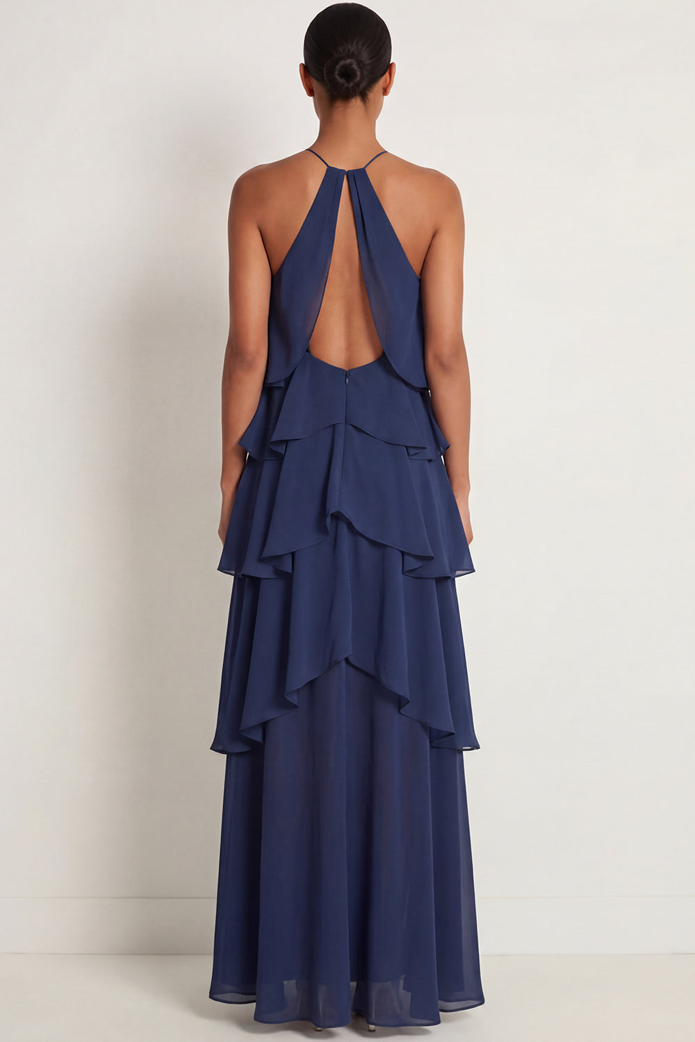 A Line Ruffled Navy Halter Neck Long Formal Dress