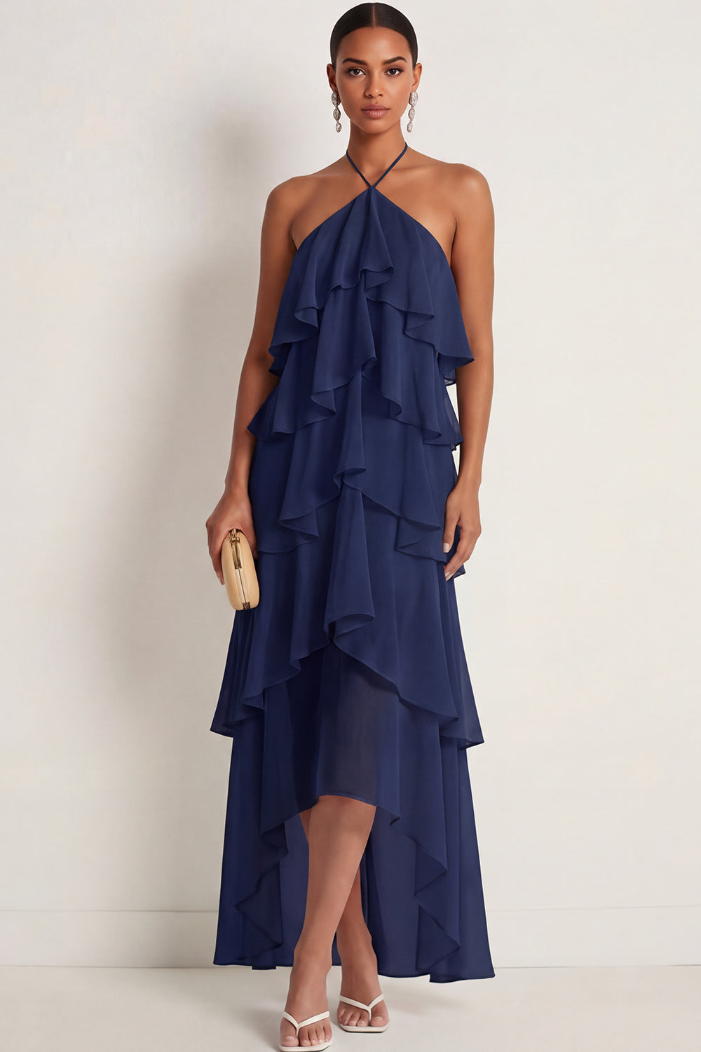 A Line Ruffled Navy Halter Neck Long Formal Dress