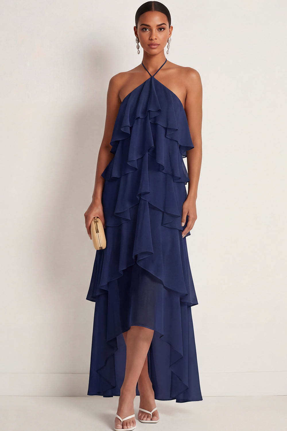 A Line Ruffled Navy Halter Neck Long Formal Dress