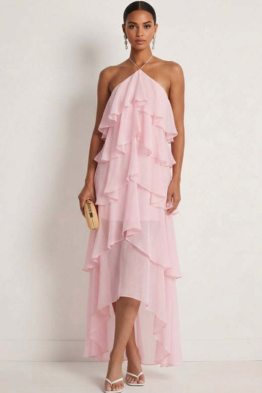 A Line Blue Ruffled Halter Neck Backless Long Formal Dress