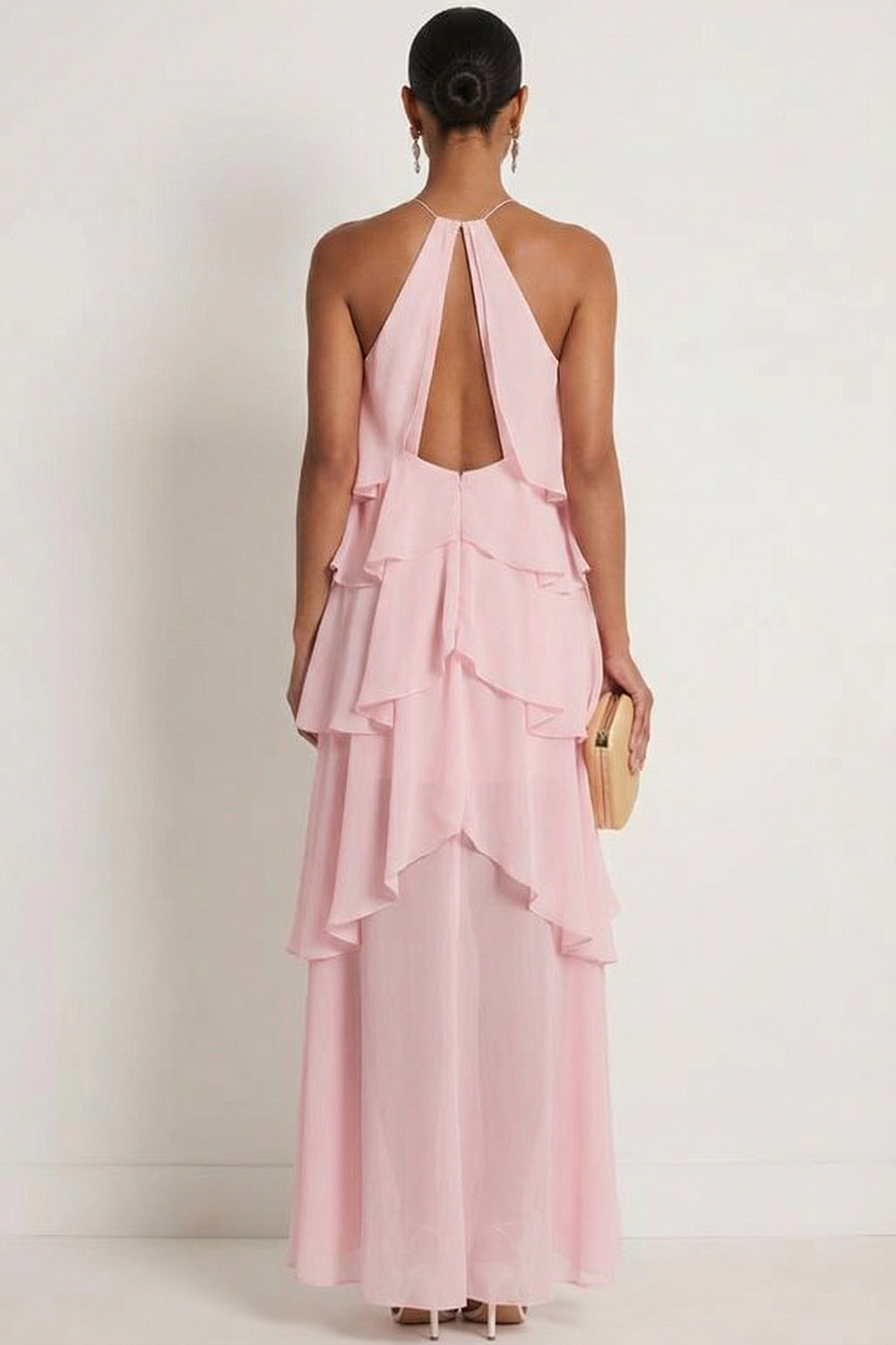 Pink Halter Neck A Line Ruffled Long Formal Dress
