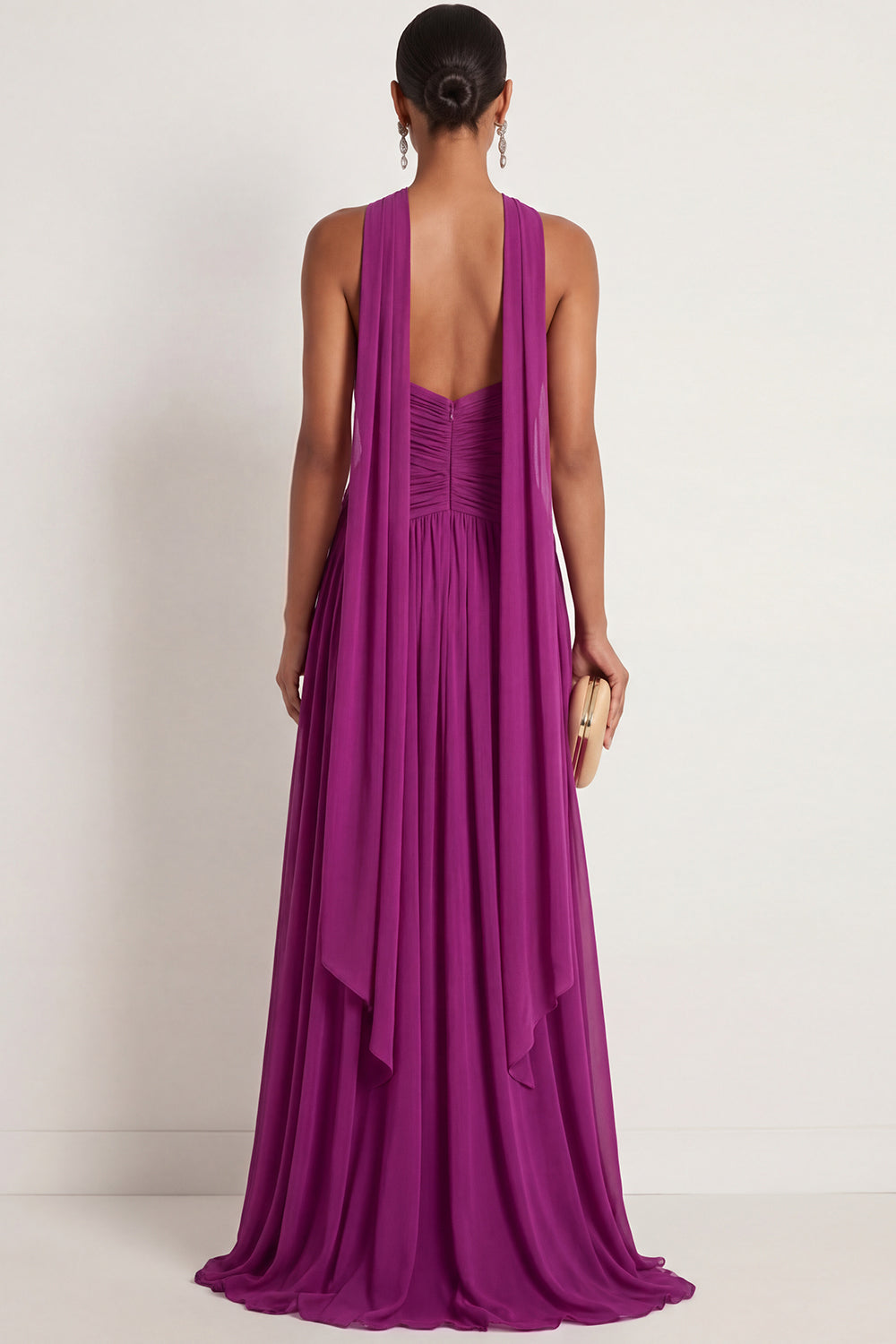 Dark Purple A Line Halter Neck Pleated Chiffon Long Formal Dress