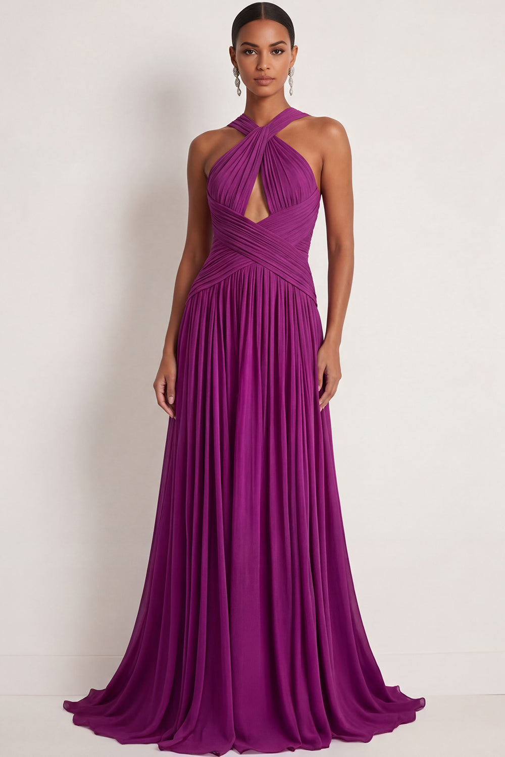 Leely Women Dark Purple A Line Chiffon Long Formal Dress Pleated Backless Sleeveless Halter Neck Wedding Guest Dress