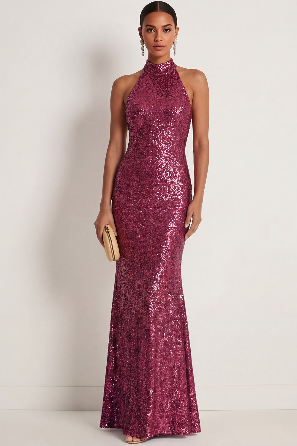 Grey Fuchsia Sparkly Sequined Mermaid Halter Neck Long Formal Dress