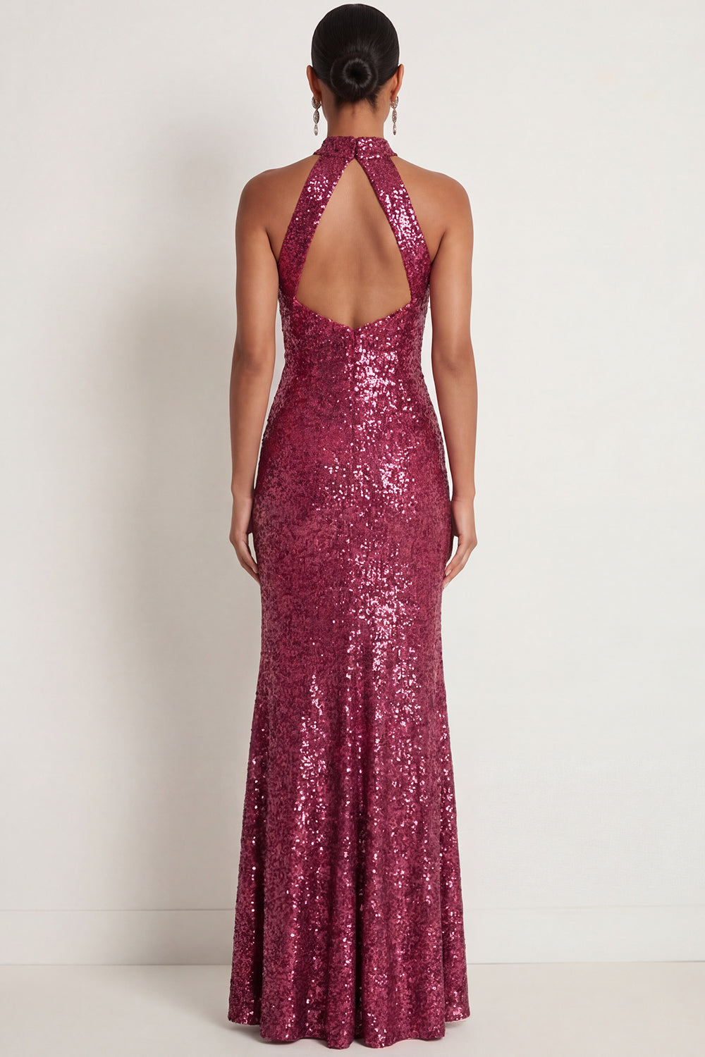 Grey Fuchsia Sparkly Sequined Mermaid Halter Neck Long Formal Dress