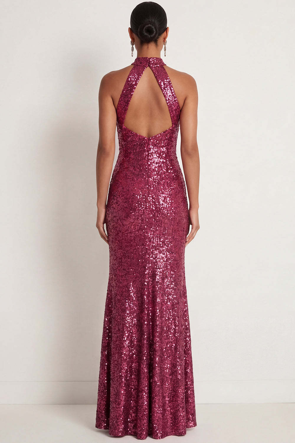Grey Fuchsia Sparkly Sequined Mermaid Halter Neck Long Formal Dress