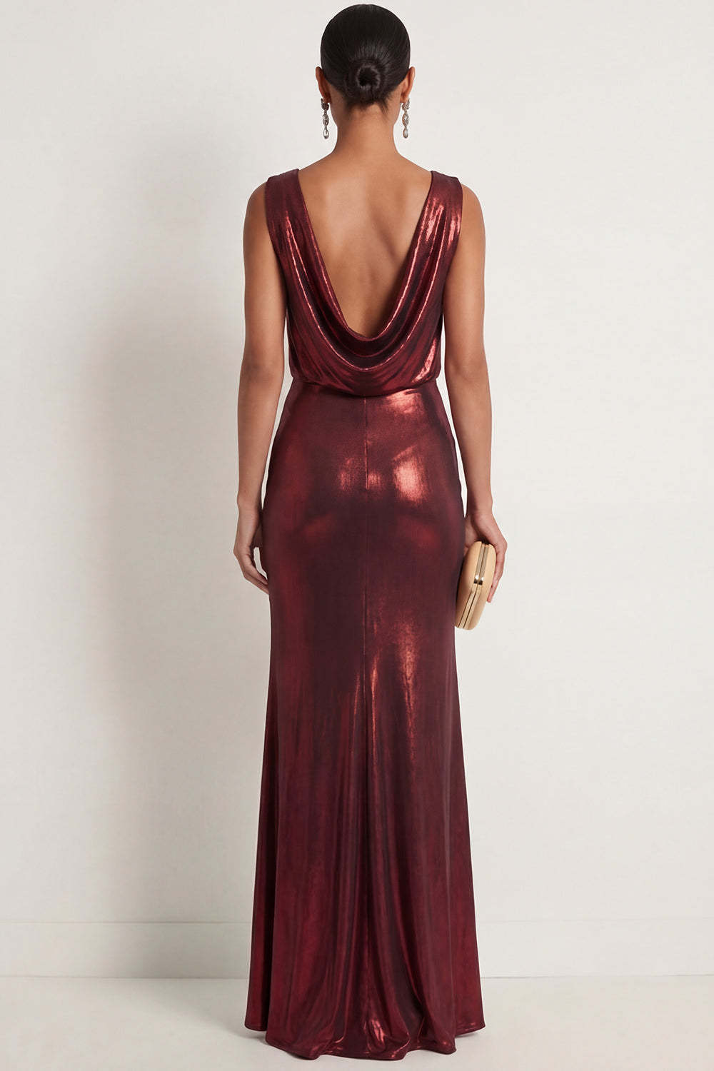 Burgundy Metallic Mermaid Round Neck Long Formal Dress