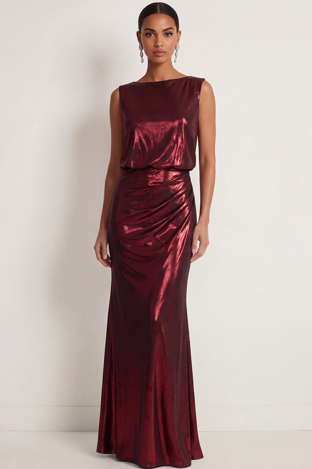 Leely Women Burgundy Metallic Mermaid Long Formal Dress Round Neck Sleeveless Backless Evening Dress