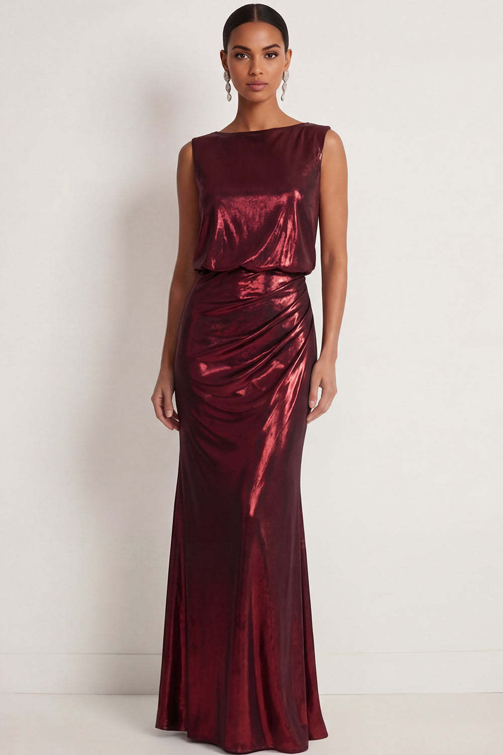 Leely Women Burgundy Metallic Mermaid Long Formal Dress Round Neck Sleeveless Backless Evening Dress