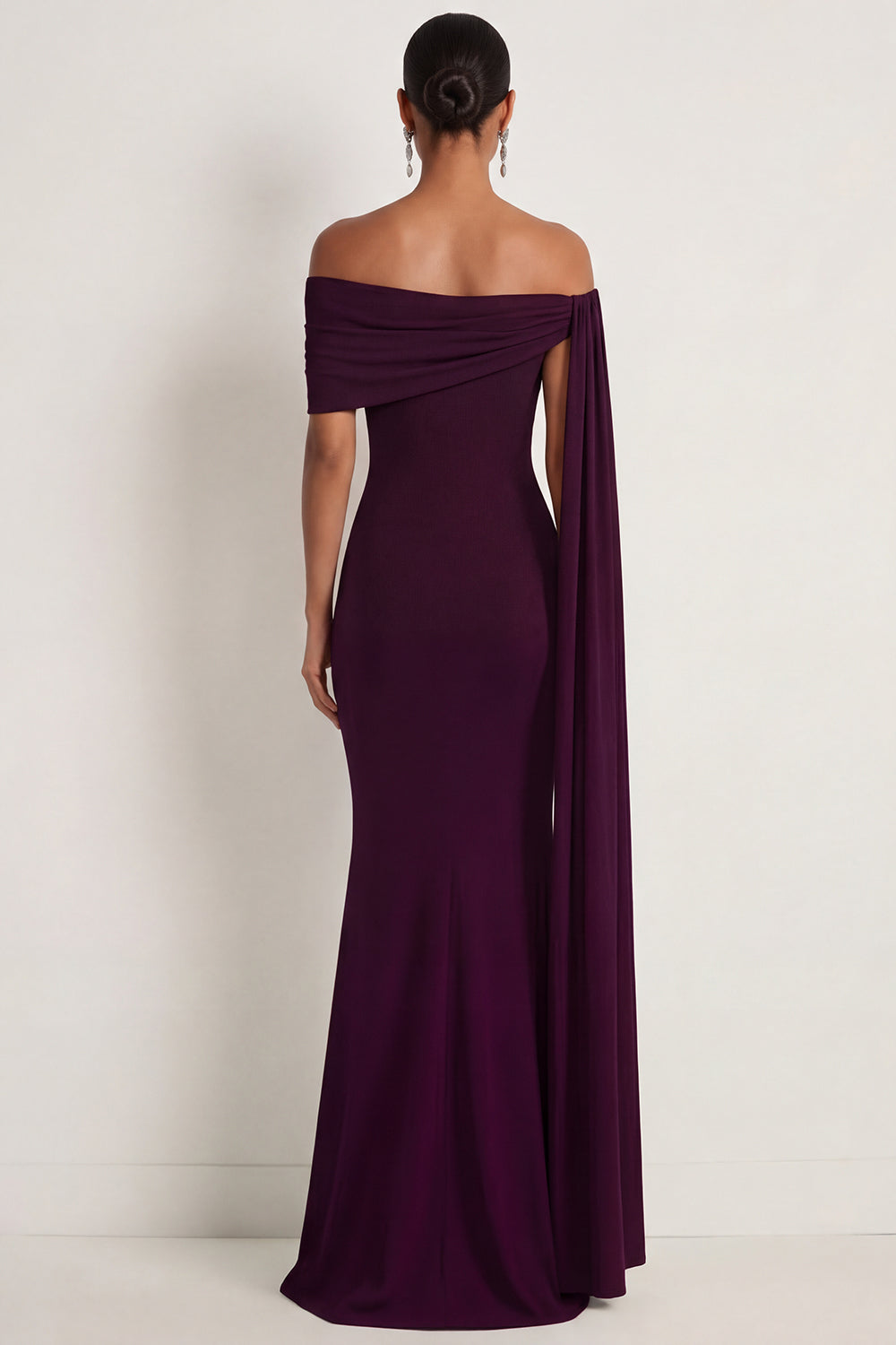 Burgundy Mermaid Off the Shoulder Chiffon Long Formal Dress with Cape