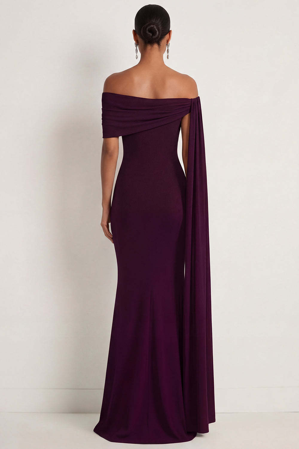 Burgundy Mermaid Off the Shoulder Chiffon Long Formal Dress with Cape