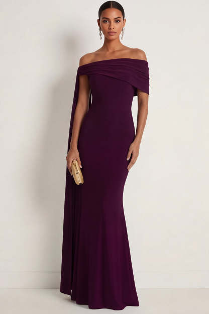 Leely Women Burgundy Mermaid Chiffon Long Formal Dress with Cape Off the Shoulder Sleeveless Backless Wedding Guest Dress