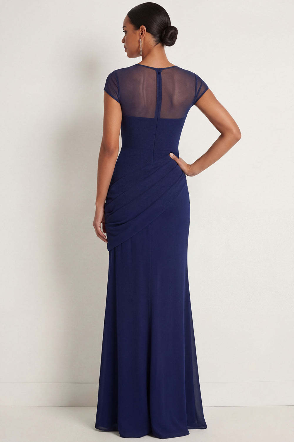 Navy Chiffon Mermaid Illusion Neck Long Formal Dress with Slit
