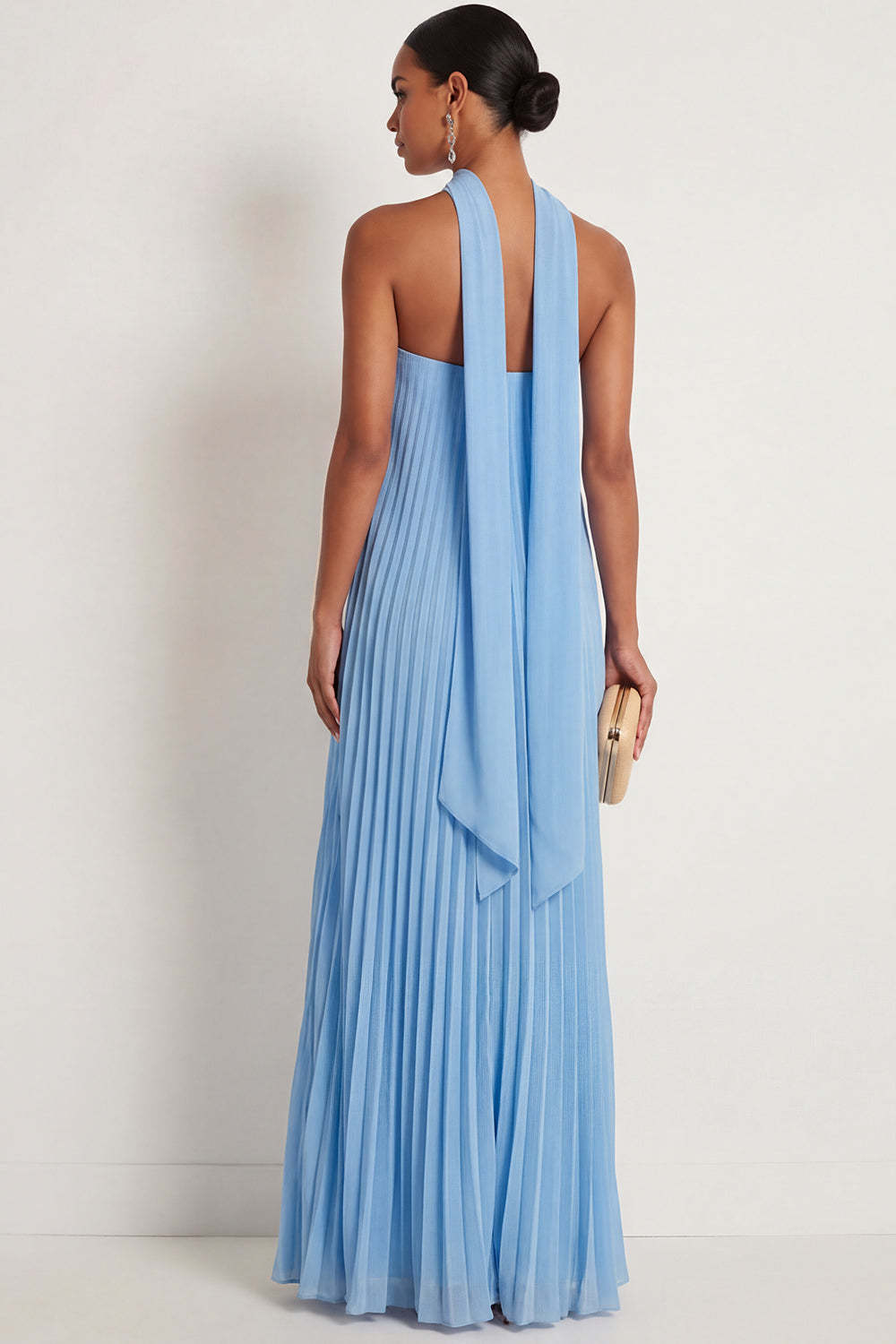 Blue Chiffon A Line Pleated Strapless Long Formal Dress with Neck Scarf