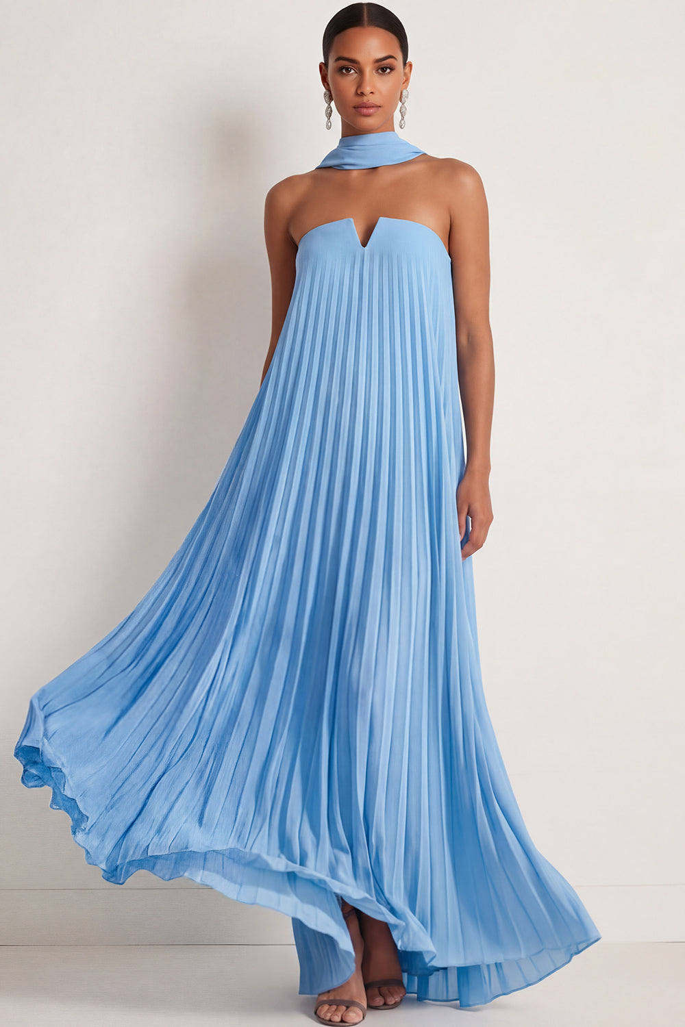 Blue Chiffon A Line Pleated Strapless Long Formal Dress with Neck Scarf