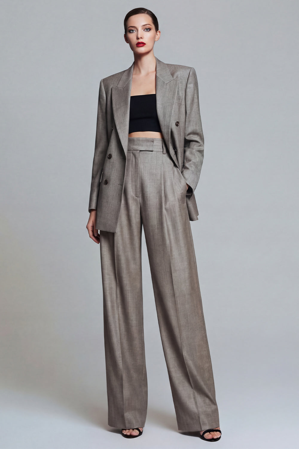 Grey 2 Piece Wide Leg Peak Lapel Single Breasted Business Suits