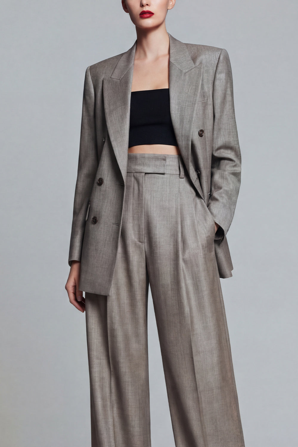 Grey 2 Piece Wide Leg Peak Lapel Single Breasted Business Suits