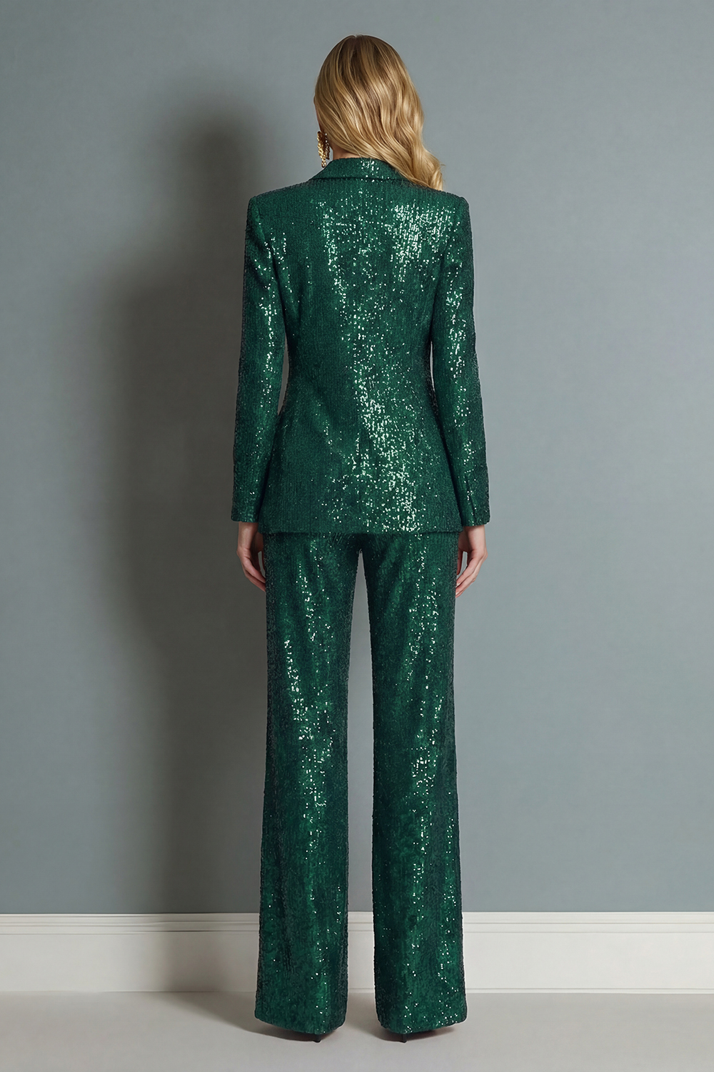 Peak Lapel Sparkly Dark Green 2 Piece Sequin Prom Suits
