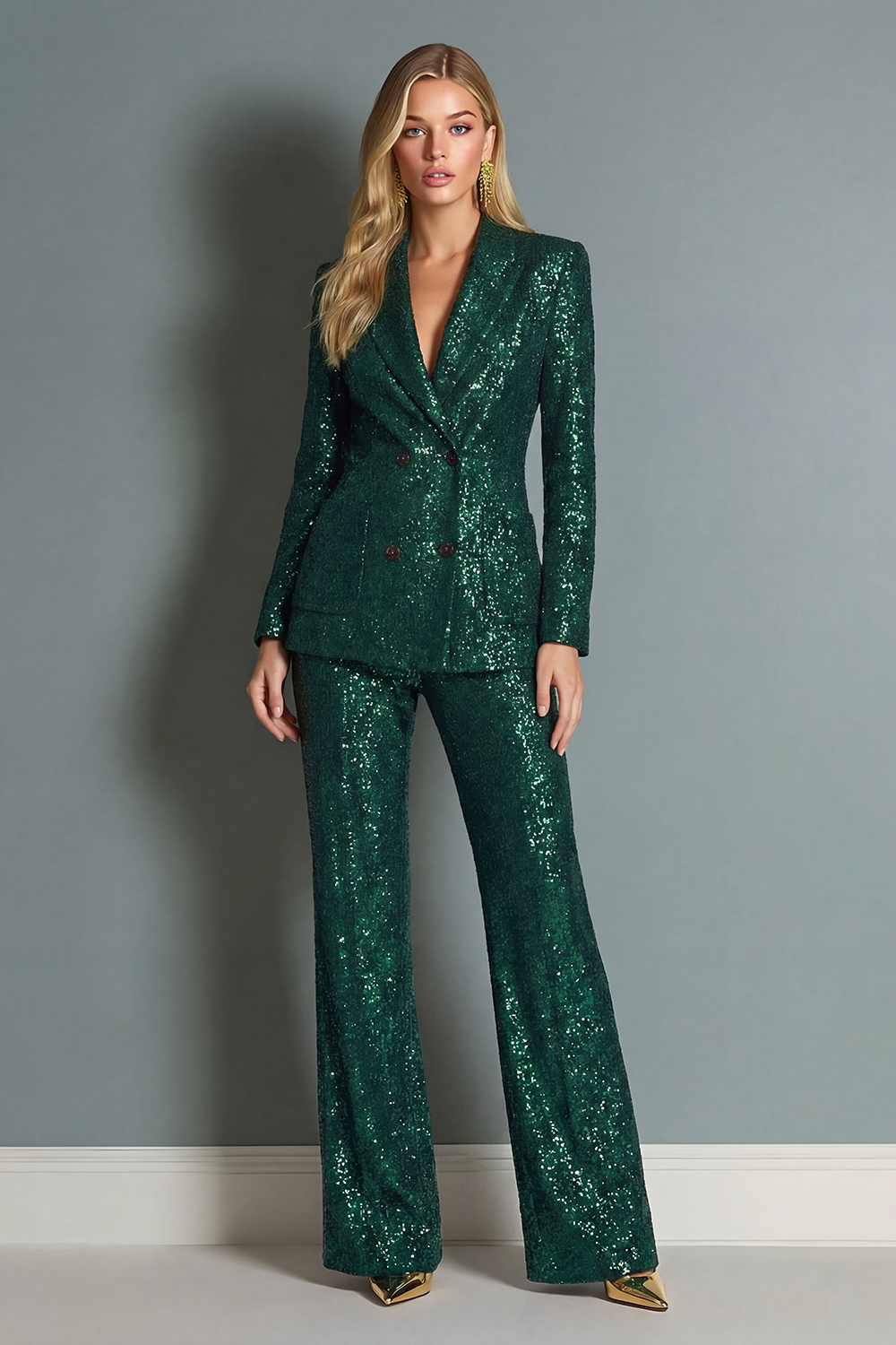 Peak Lapel Sparkly Dark Green 2 Piece Sequin Prom Suits