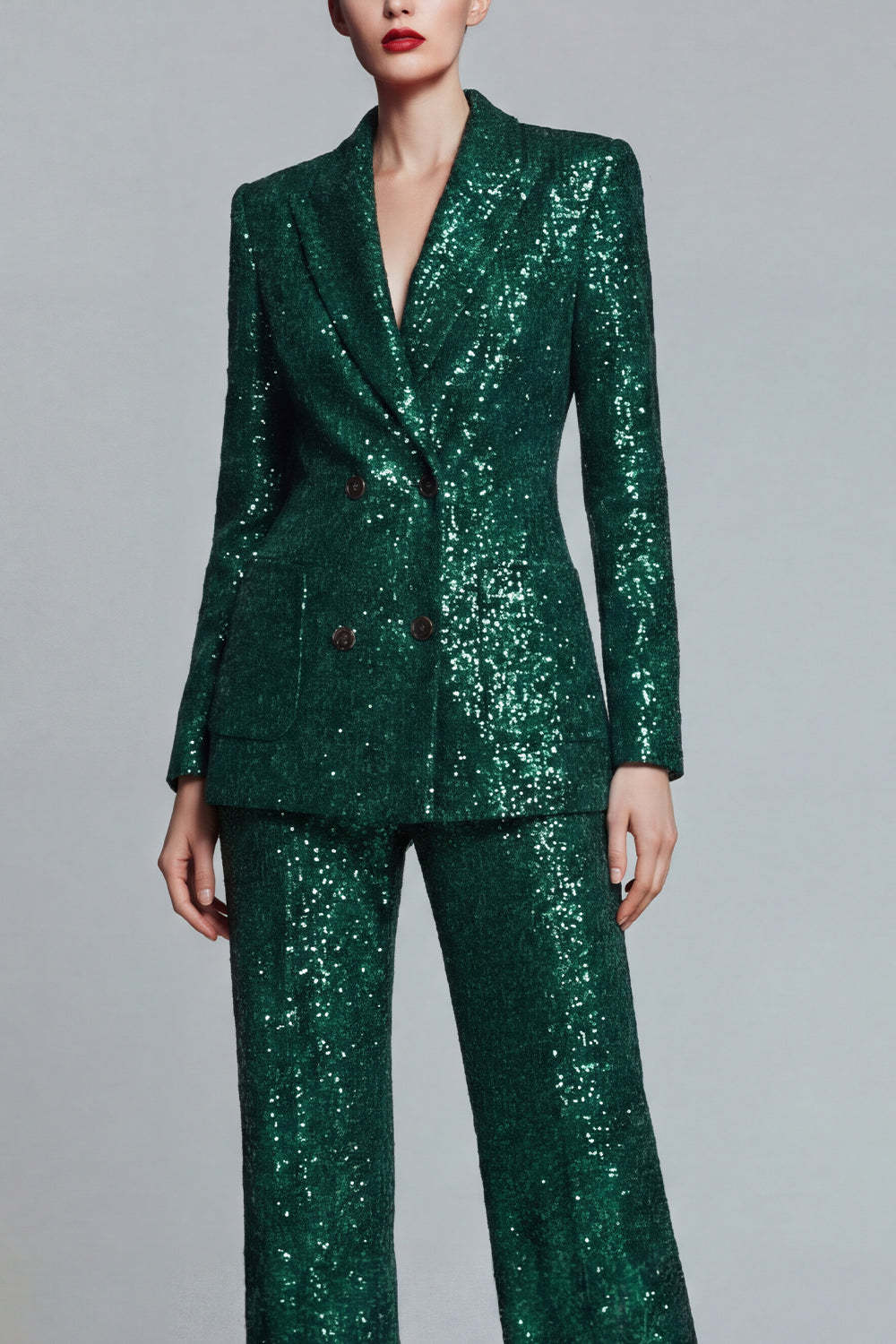 Peak Lapel Sparkly Dark Green 2 Piece Sequin Prom Suits