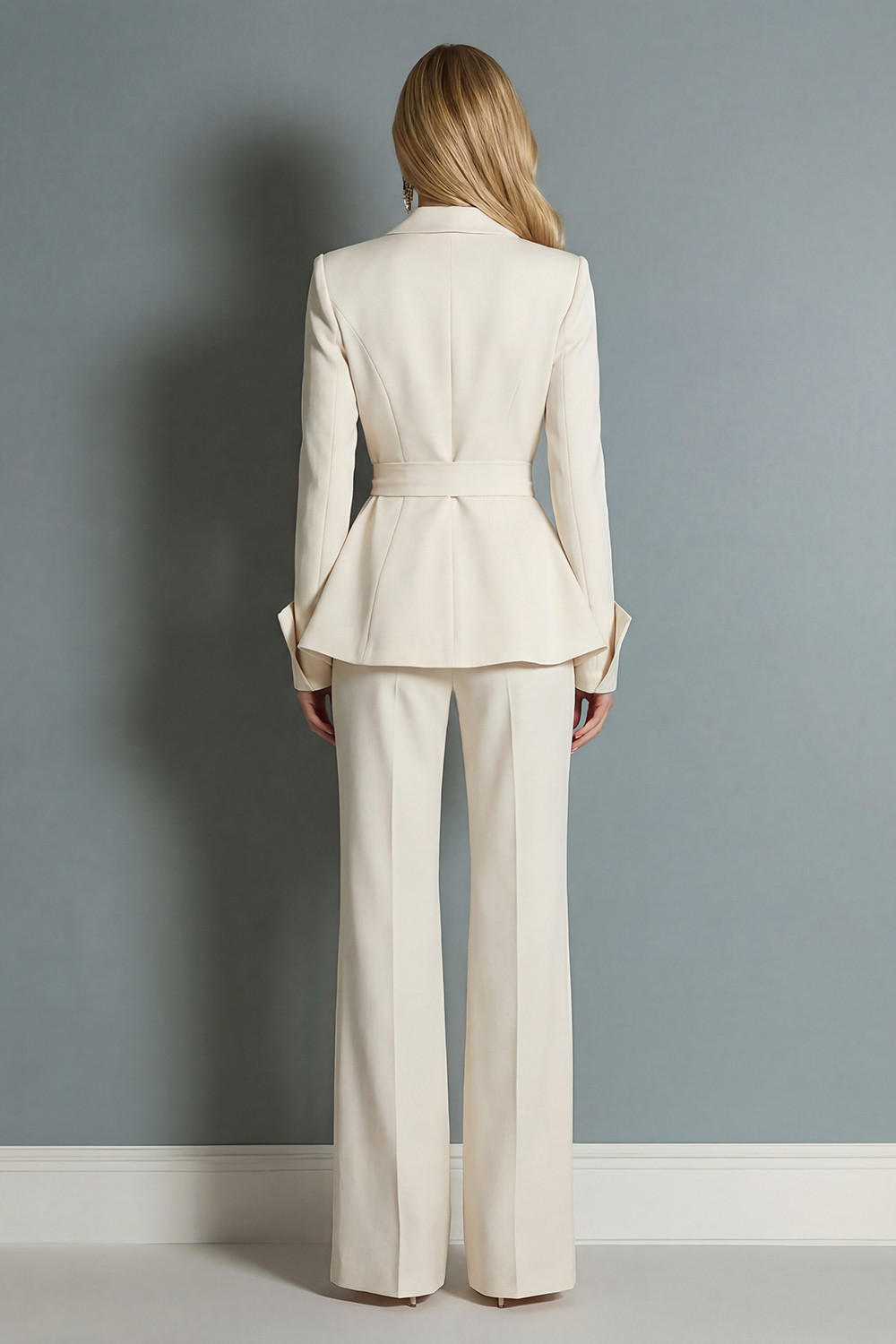 Ivory 2 Piece Wide Leg Peak Lapel Long Business Suits with Sash