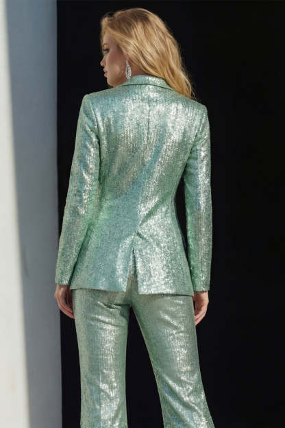 Green Sequin Sparkly 2 Piece Peak Lapel Prom Suits