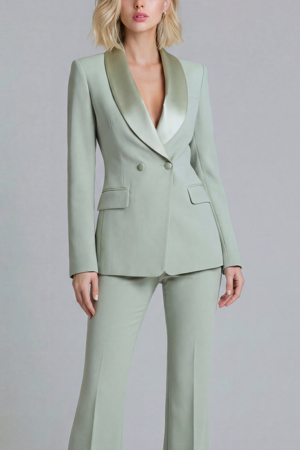 2 Piece Shawl Lapel Grey Green Double Breasted Business Suits