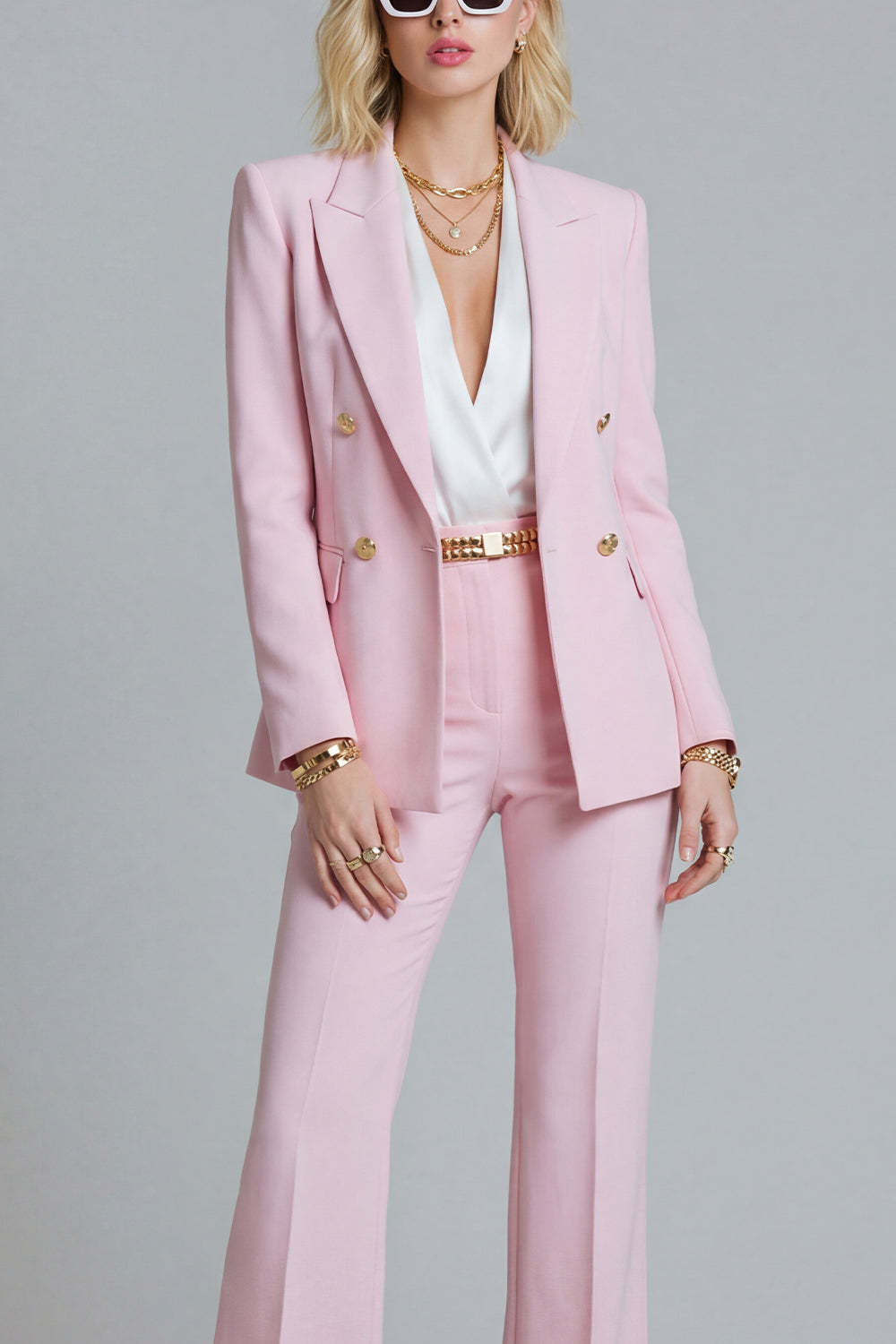 2 Piece Pink Peak Lapel Wide Leg Prom Suits with Buttons