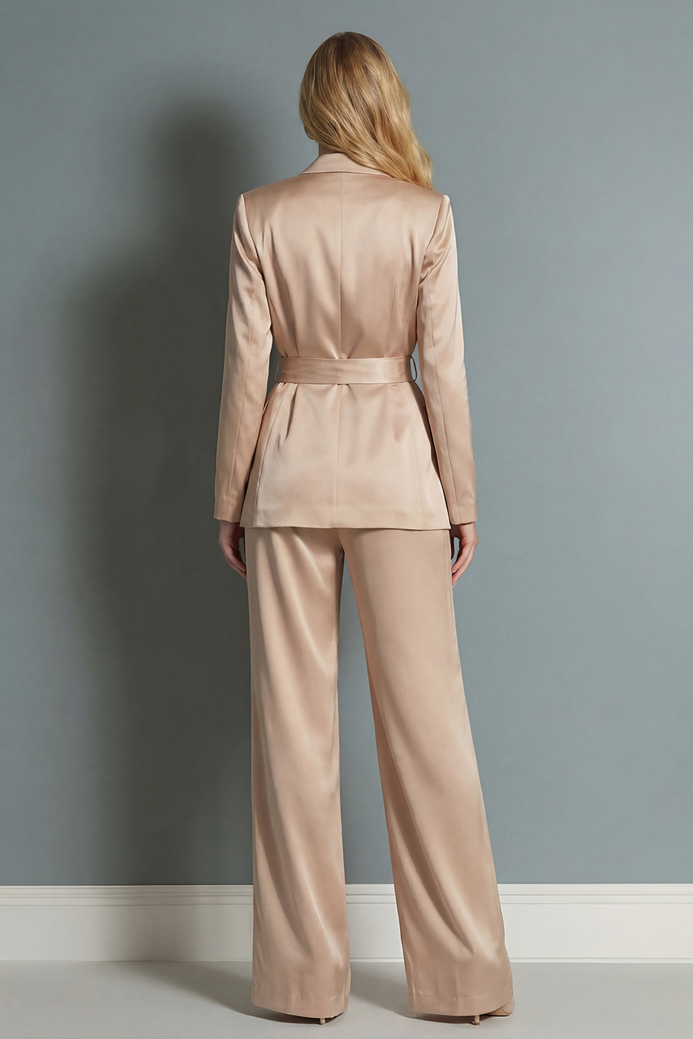Champagne Satin 2 Piece Wide Leg Peak Lapel Business Suits with Sash
