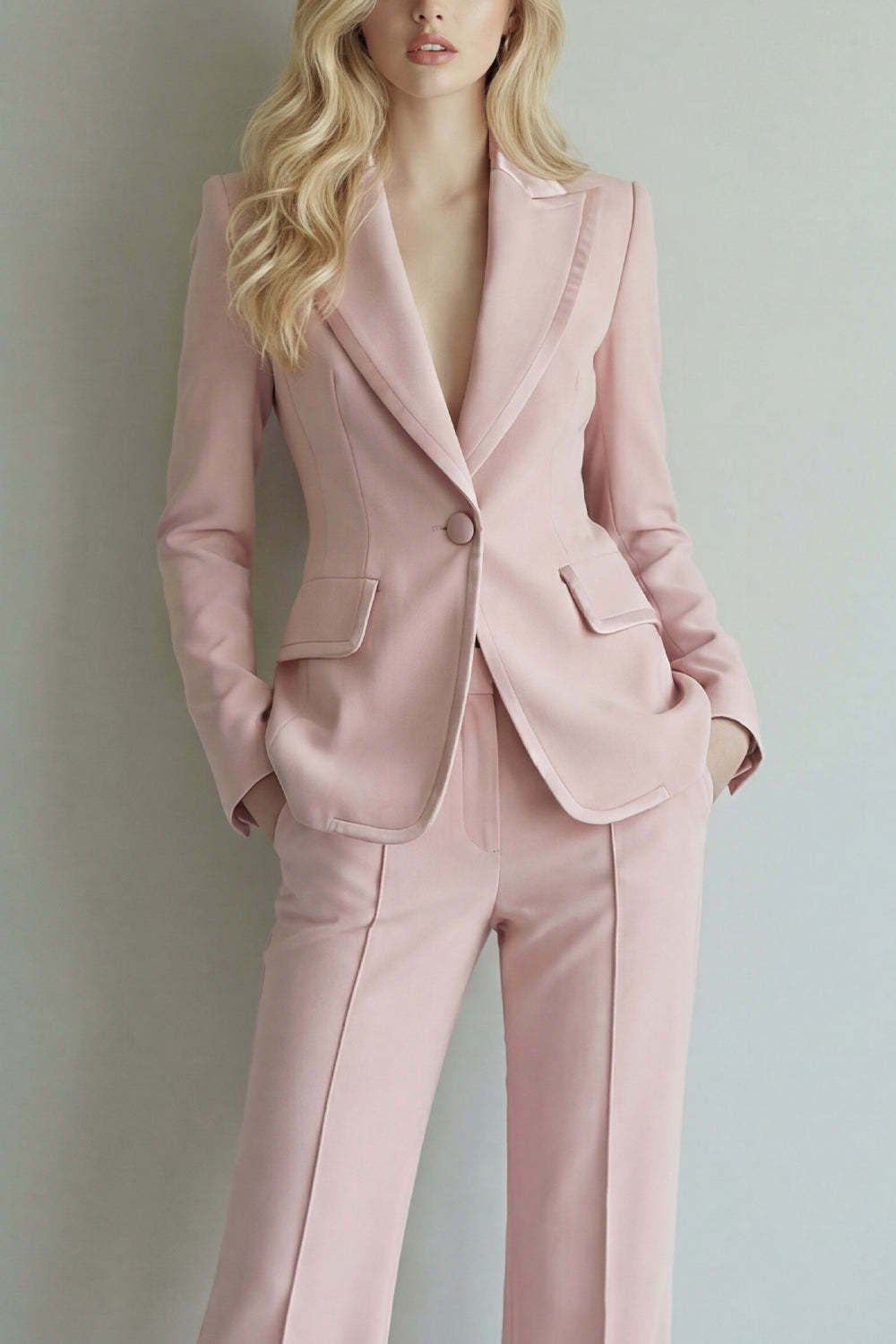 Pink Single 2 Piece Grey Breasted Peak Lapel Business Suits
