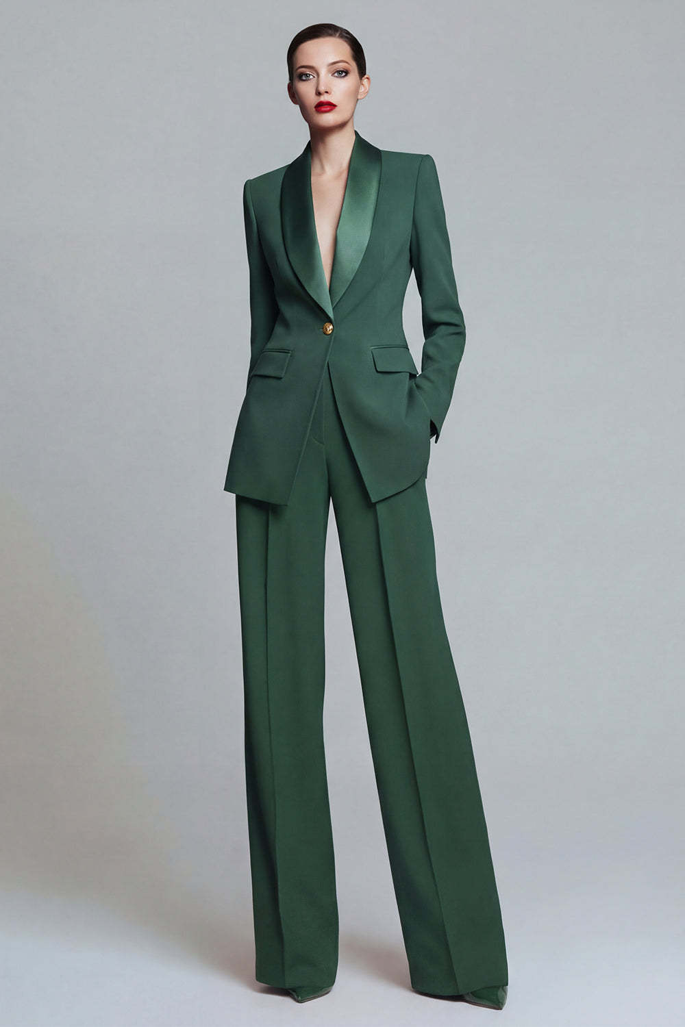 Leely Women 2 Piece Dark Green Prom Suits Single Breasted Shawl Lapel Flared Business Pantsuits