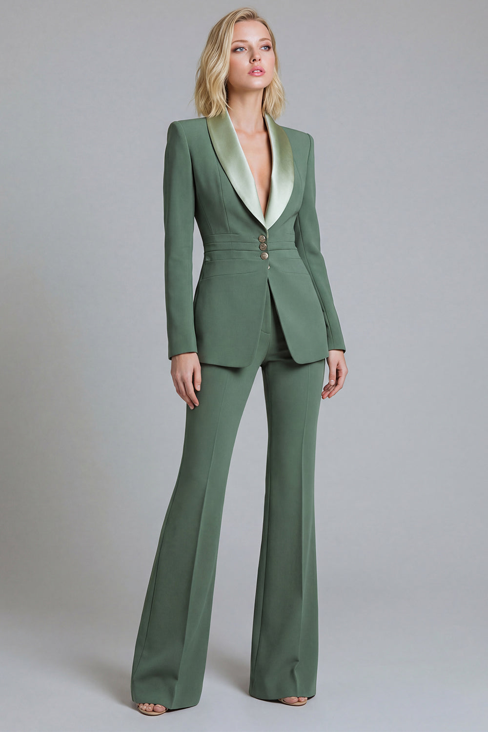 Leely Women 2 Piece Grey Green Business Suits Shawl Lapel Slim Single Breasted Fit Work Pantsuits