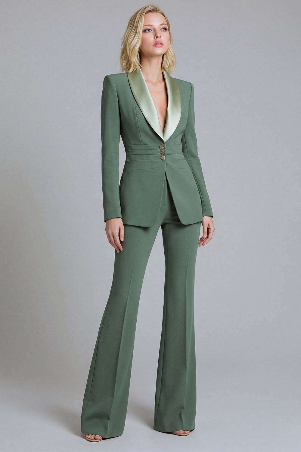 Leely Women 2 Piece Grey Green Business Suits Shawl Lapel Slim Single Breasted Fit Work Pantsuits