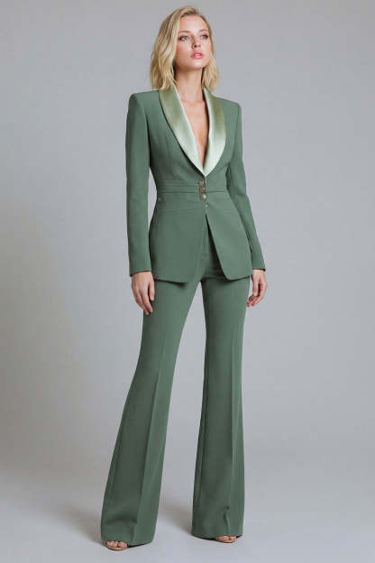 Leely Women 2 Piece Grey Green Business Suits Shawl Lapel Slim Single Breasted Fit Work Pantsuits