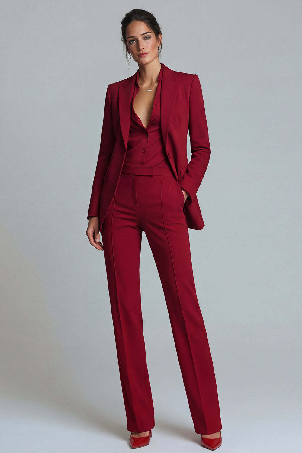 Leely Women 2 Piece Burgundy Prom Suits Single Breasted Peak Lapel Business Pantsuits