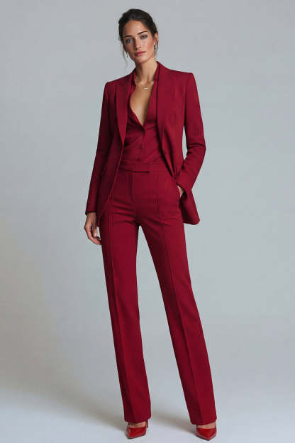 Leely Women 2 Piece Burgundy Prom Suits Single Breasted Peak Lapel Business Pantsuits