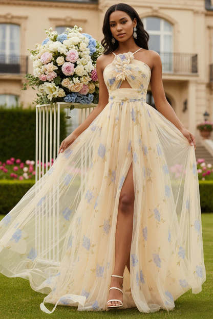 Leely Women Floral Yellow Long Prom Dress with Slit Tulle Ruched Spaghetti Straps A-Line Pageant Dress with Keyhole