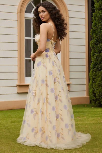 Floral Yellow Spaghetti Straps A-Line Long Prom Dress with Slit
